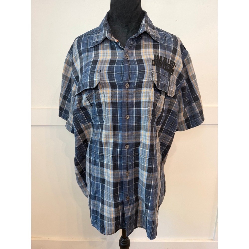 Harley-Davidson Mens Blue Orange Plaid Short Sleeve Button Up Shirt XL Logo